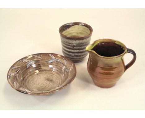 DAVID LEACH.A David Leach, Lowerdown Pottery red earthenware bowl & jug, also a stoneware yunomi (cracked). All with personal