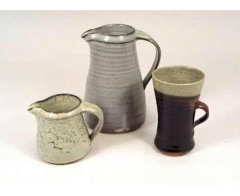 LEACH POTTERY. Two Leach Standard Ware jugs &amp; a mug. Mug cracked.