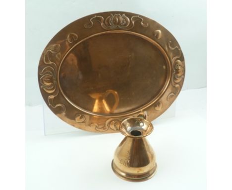 AN ART NOUVEAU OVAL COPPER TRAY with repousse stylised heart and floral decoration to the rim, in an Arts & Crafts style, 36c