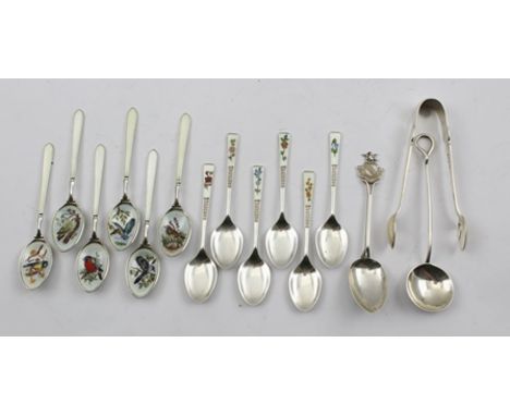 TWO SETS OF LATE 20TH CENTURY SILVER AND ENAMEL COFFEE SPOONS, Birmingham assay, one set with bird decoration to the bowls, t