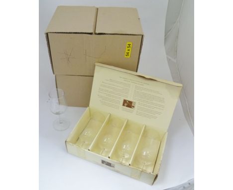 HENNESSY COGNAC GLASSES x 24, in two boxes, together with HINE CRYSTAL TASTING GLASSES x 4 with etched stag to bowl, in origi