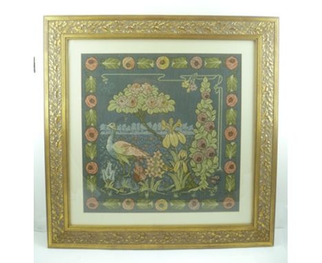 AN ARTS & CRAFTS DESIGN MACHINE TAPESTRY PANEL, depicting a peacock within a garden, surrounded by a stylised rose border, 50