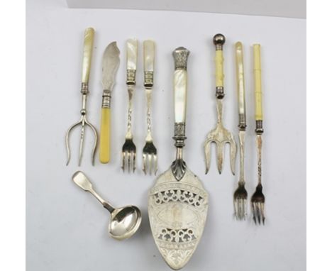 A QUANTITY OF SILVER PLATED TABLE IMPLEMENTS, including; a caddy spoon, butter knife, pie slice, two bread forks and four pic