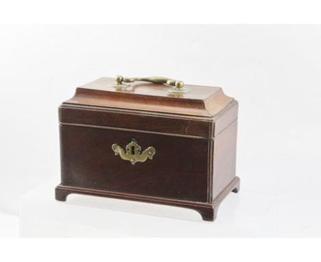 A 19TH CENTURY TEA CADDY of rectangular form, the cover with substantial brass handle, opening to reveal three compartments, 