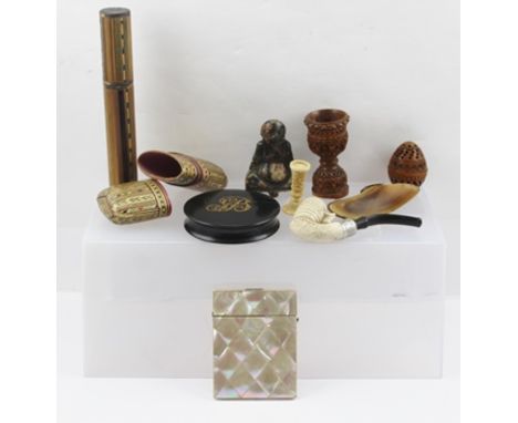 A VICTORIAN MOTHER-OF-PEARL VISITING CARD CASE, a small part hoof SNUFF BOX, STRAW WORK CONTAINERS, PAPIER MACHE BOX, and oth