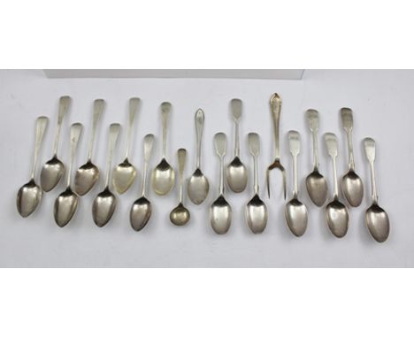 A MISCELLANEOUS COLLECTION OF 19TH CENTURY SILVER TEASPOONS, includes fiddle pattern, together with a CONDIMENT SPOON and a F