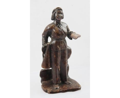 TWO CARVED SOAPSTONE CHINESE CULTURAL REVOLUTION FIGURES, one with a copy of the Chairman's "little red book" and a megaphone