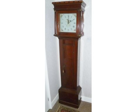 AN EARLY 19TH CENTURY MAHOGANY CASED THIRTY HOUR LONGCASE CLOCK, the hood with column mounts flanking the square painted dial