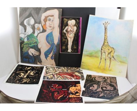 S.C. LEIGH A PORTFOLIO OF ORIGINAL WORKS AND PRINTS, includes pastels, mixed media, one pastel drawing is of a semi-nude woma