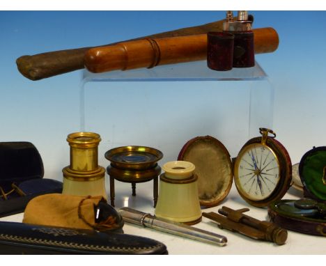 A COLLECTION OF LENSES BY CARY, WATKINS, CARPENTER, VISOLETTGLAS AND OTHERS, A RED SCRIM CASED COMPASS, A CALLIPER MEASURE AN