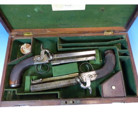 A CASED PAIR OF PERCUSSION BELT PISTOLS BY RICHARDSON OF EDINBURGH, SIGHTED OCTAGONAL DAMASCUS BARRELS ENGRAVED WITH THE MANU