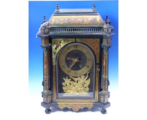 AN 18th C. AND LATER BOULLE CASED MANTEL CLOCK SIGNED J ARTUS PARIS BELOW A FIGURE OF ATLAS HOLDING UP THE CHAPTER RING, THE 