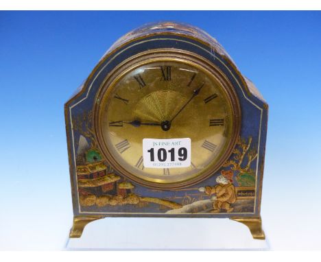 A BLUE GROUND CHINOISERIE MANTLE CLOCK, THE PLATFORM ESCAPEMENT MOVEMENT FRENCH, THE CASE.   H 15cms.