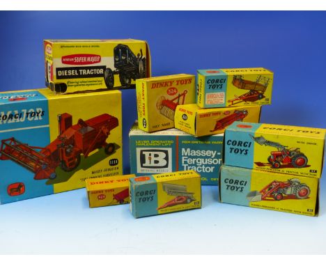 A COLLECTION OF BRITAINS, DINKY AND CORGI TOY FARM VEHICLES, TREES AND ANIMALS.