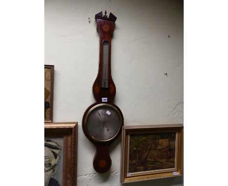 A REGENCY MAHOGANY AND INLAID BAROMETER SIGNED DUDINI, LONDON.   L.100cms.