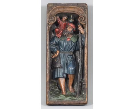 A Northern European Carved Oak Figure of St. Christopher Carrying the Infant Christ, 16th Century, contained within an archit