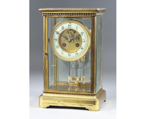 A French Brass and Bevelled Glass Cased "Four Glass" Mantel Clock, by Japy Freres, No. 13313, the 4ins diameter cream dial wi