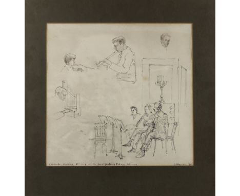 ***Gordon Davies (1926-2007) - Ink drawing - "Concert Musicians playing at the Schwarzenberg Palace Vienna", signed and dated