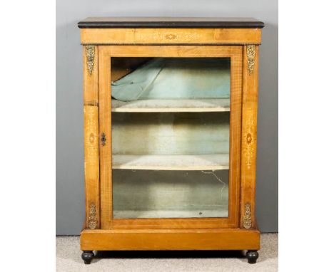 A Late Victorian Walnut, Ebonised and Gilt Metal Mounted Dwarf Display Cabinet, with inlaid frieze panel, fitted two cloth co