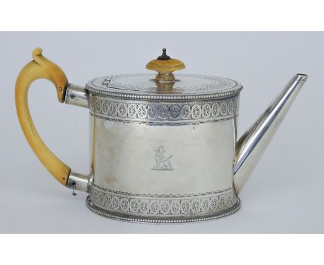 A Victorian Silver Oval Tea Pot of Neo Classical Design, by Thomas Parker, London 1875, with bead mounts, engraved with band 