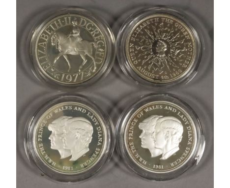 Five Elizabeth II Silver Proof Crowns - 1977 Silver Jubilee, 1980 Queen Mother's 80th Birthday, two 1981 the Marriage of His 