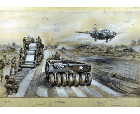 ***Bryan de Grineau (1882-1957) - Charcoal heightened in white - "Wobble Roller" - The 9th US Air Force, France, 1944 laying 