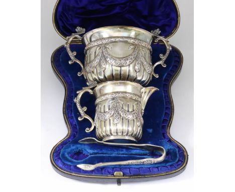 A Victorian Silver Two-Handled Sugar Basin and Matching Milk Jug, and mixed silverware, the sugar basin and milk jug by Charl