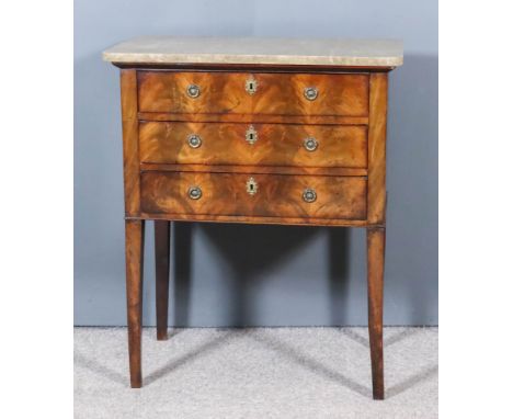 A 19th Century French Figured Mahogany Petite Commode in the Empire Manner, with fawn veined marble slab to top, fitted three