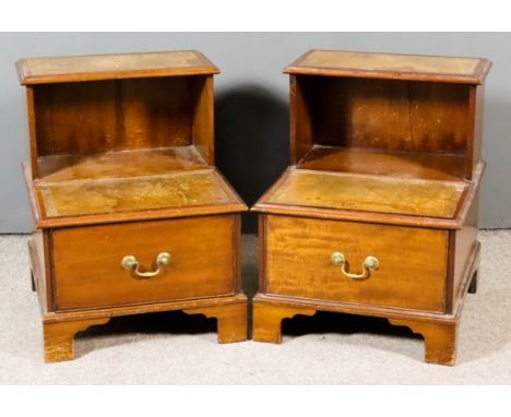 A Pair of Modern Mahogany Two-Tier Bedside Tables/Steps, with moulded edge to tops and leather insets, each fitted one drawer