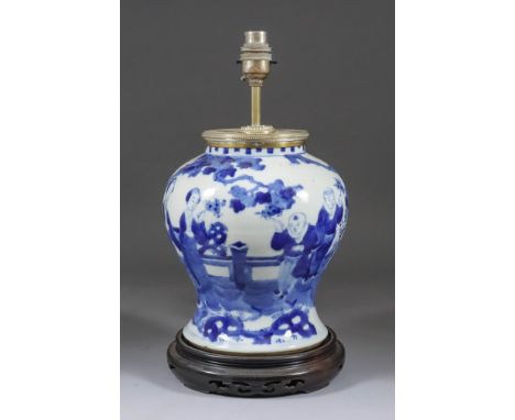 A Chinese Blue and White Porcelain Baluster Shaped Vase, 19th Century, decorated with two women and two children on a terrace