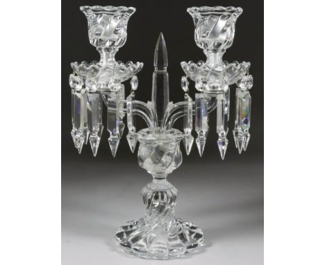 A Baccarat Glass Two-Branch Lustre Candlestick, 20th Century, 13.25ins high, etched and moulded marks