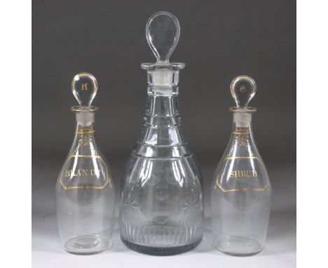 An English Mallet Shaped Decanter with Panel Cutting, Early 19th Century, 12.5ins high overall, a pair of spirit decanters, l