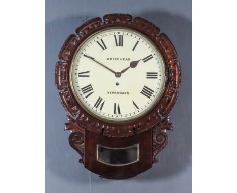 An Early Victorian Mahogany Cased Drop Dial Wall Clock, by Whitehead of Sevenoaks, the 12ins diameter cream painted dial with