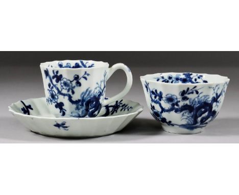 A Worcester Blue and White Porcelain Fluted Tea Bowl, Saucer and Coffee Cup, painted with the "Prunus Root" pattern, c.1755-1