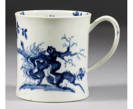 A Worcester Blue and White Porcelain Coffee Cup, painted with the "Prunus Root" pattern, c. 1755, with workman's mark under h