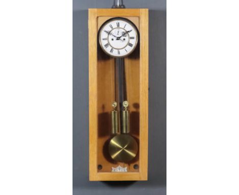 A 19th Century Vienna Regulator Clock Movement, contained in later oak case, the 6.5ins diameter white enamel dial with Roman