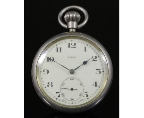 A Nickel Plated Open Faced Keyless Military Pocket Watch, 1930's, by Rolex, the white enamel dial with Arabic numerals and su