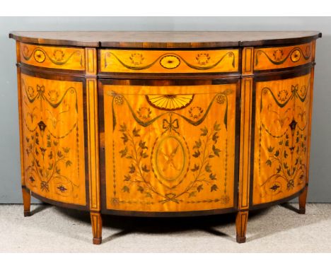 A Good Late 19th/Early 20th Century Satinwood, Rosewood and Marquetry Bow Fronted Side Cabinet of "Sheraton" Design, the top 