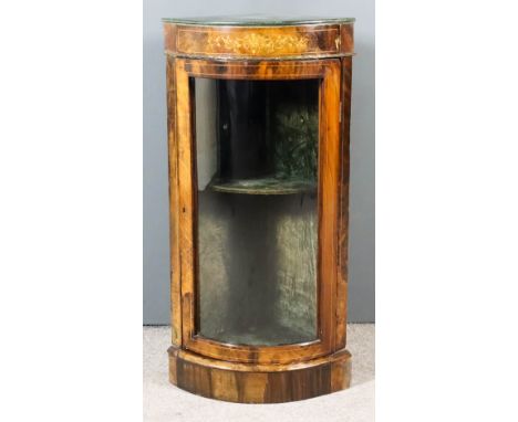 A Victorian Walnut Bow Front Dwarf Corner Display Cabinet, now with later green painted top, the frieze inlaid with stringing