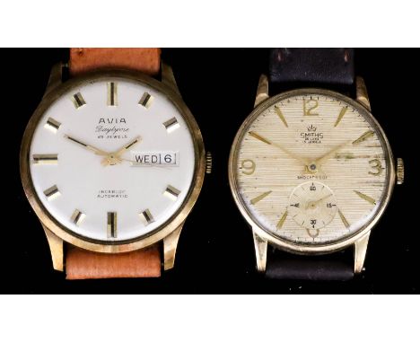 An Avia "Day Time" Automatic Wristwatch, 1980's, 9ct Gold Cased, the silvered dial with gilt baton numerals, day and date ape