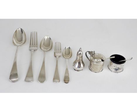 A Georgian Silver Harlequin Part Table Service, various makers and dates, all crested, comprising - four table spoons, six ta