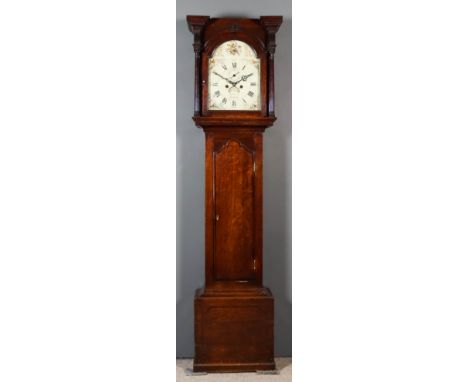 A Late 18th/Early 19th Century Oak Longcase Clock, by B. Gurden of Daventry, the 12ins arch painted dial with Roman and Arabi