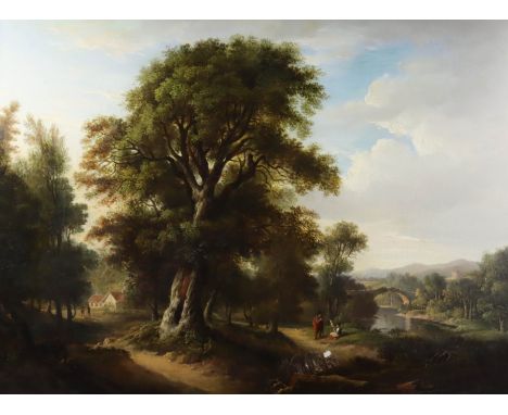 19th Century English School - Oil painting - Rural landscape with figures on a track before a river, panel 18ins x 24ins, in 
