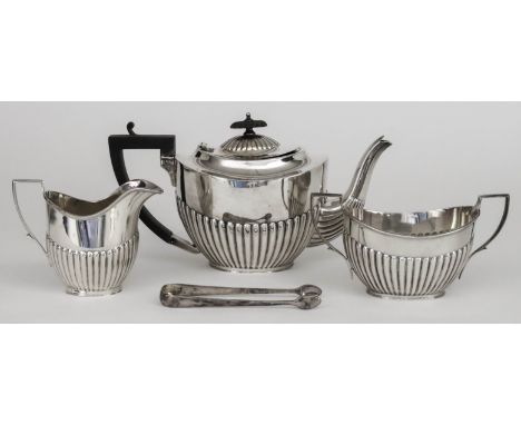 A George V Silver Three Piece Tea Service, by Kooper Brothers &amp; Sons Ltd, Sheffield 1925 and 1926, with oval partly reede