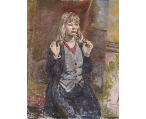 ***John Miles Bourne Benson (1889-1950) - Oil painting - Three-quarter length portrait of a kneeling girl, canvas 39.5ins x 3