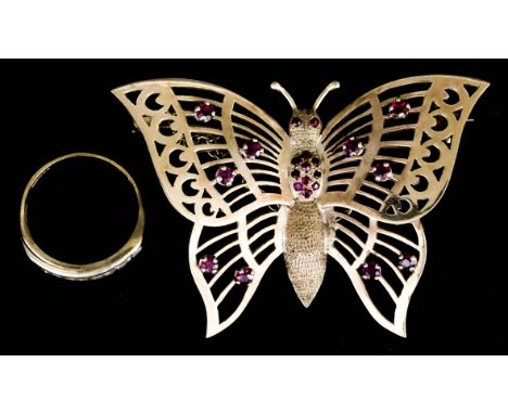 A 9ct Gold and Ruby Butterfly Pattern Brooch, 20th Century, set with twenty-four small rubies, 58mm x 39mm, and a 9ct gold an