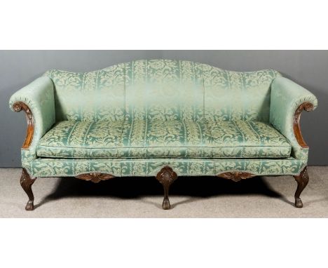 An Early 20th Century Double Scroll End Sofa of "Georgian" Design, upholstered in blue brocade, the moulded scroll arm cappin