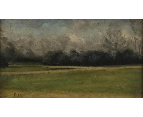 Paul Maitland (1869-1909) - Oil painting - "Kensington Gardens, Cloudy Day", initialled "PM", panel 4.25ins x 7.75ins, framed