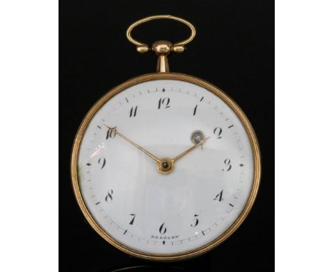 An Early 19th Century French Gold Coloured Metal Cased Open Faced Pocket Watch, signed Breguet of Paris, the white enamel dia