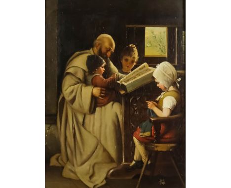 M. S. (19th Century School) - Oil painting - A monk with three children reading, monogrammed, mahogany panel 13.5ins x 10.25i